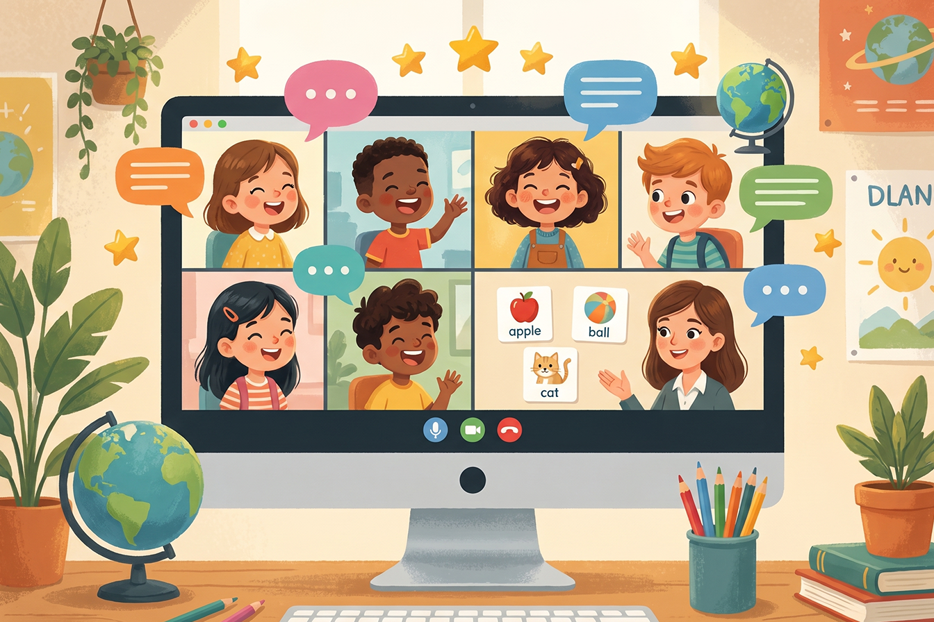 أطفال من دول مختلفة يمارسون التحدث باللغة الإنجليزية في مجموعة دولية عبر الإنترنت