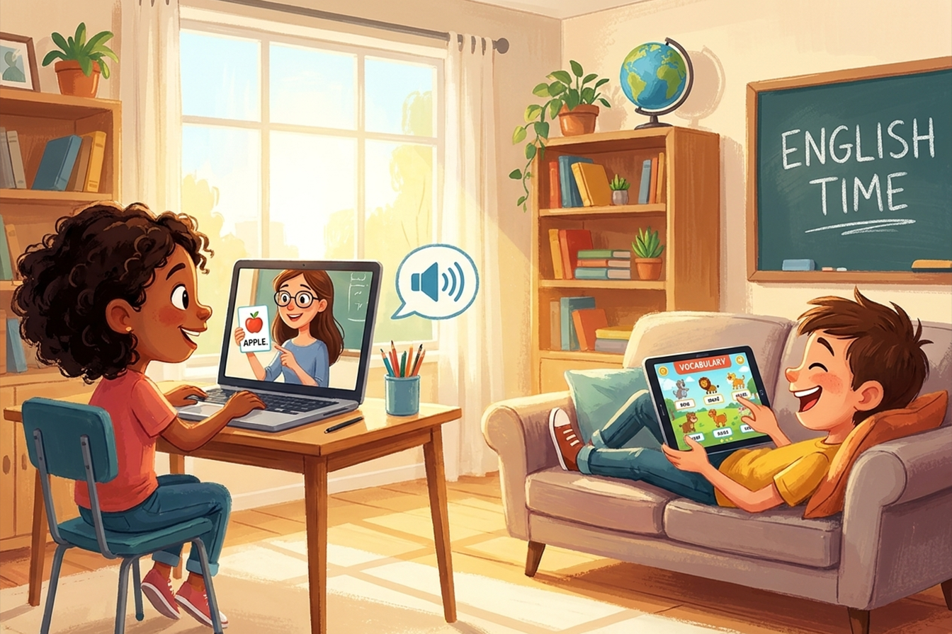 طفلان يتعلمان اللغة الإنجليزية عبر الإنترنت من خلال الدروس الفردية والأنشطة التفاعلية