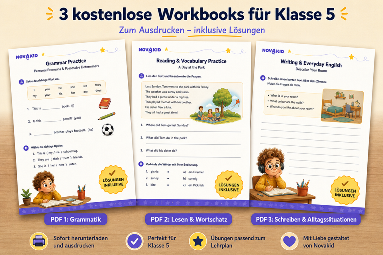 3 Workbooks Englisch Klasse 5 – Praktische PDFs mit Englisch-Übungen für Klasse 5 zum Ausdrucken (kostenlos)