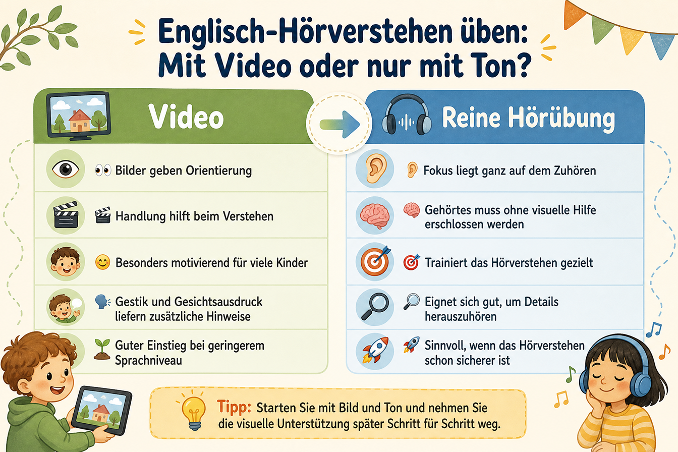 Infografik: Englisch-Hörverstehen üben mit Videos vs. Audios