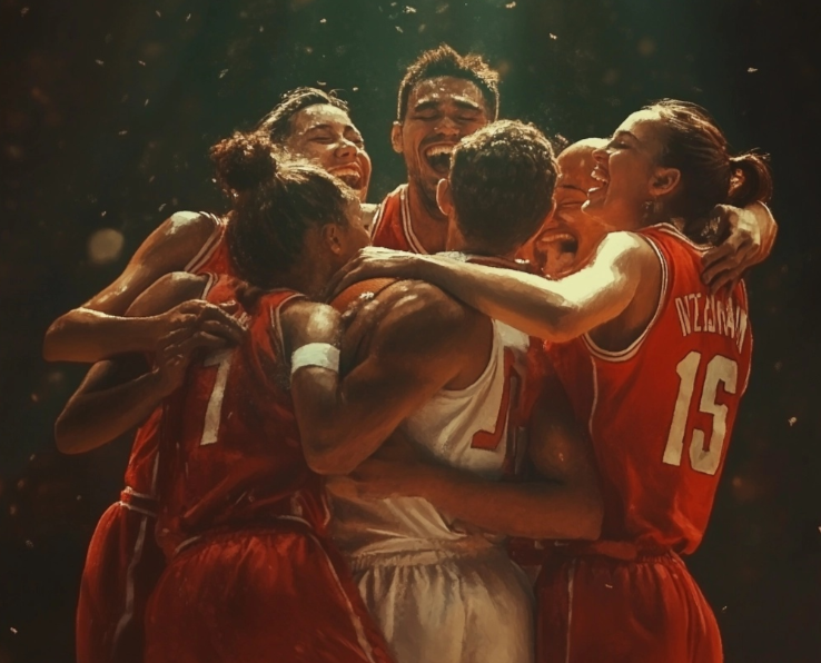 Un equipo de baloncesto abrazándose después de la victoria
