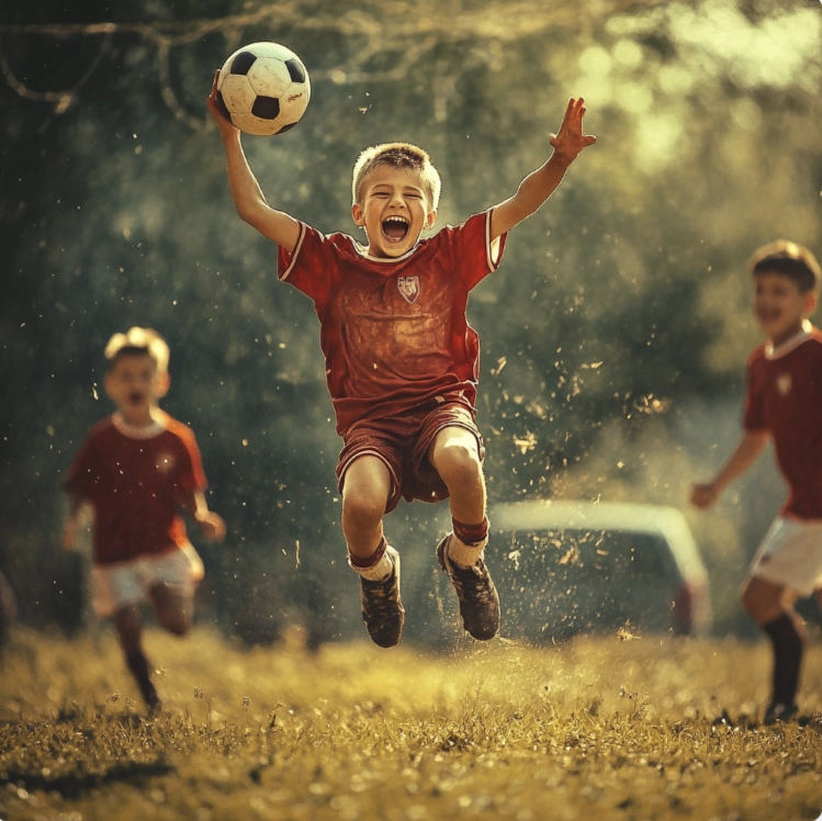 Una imagen de un niño jugando feliz al marcar un gol