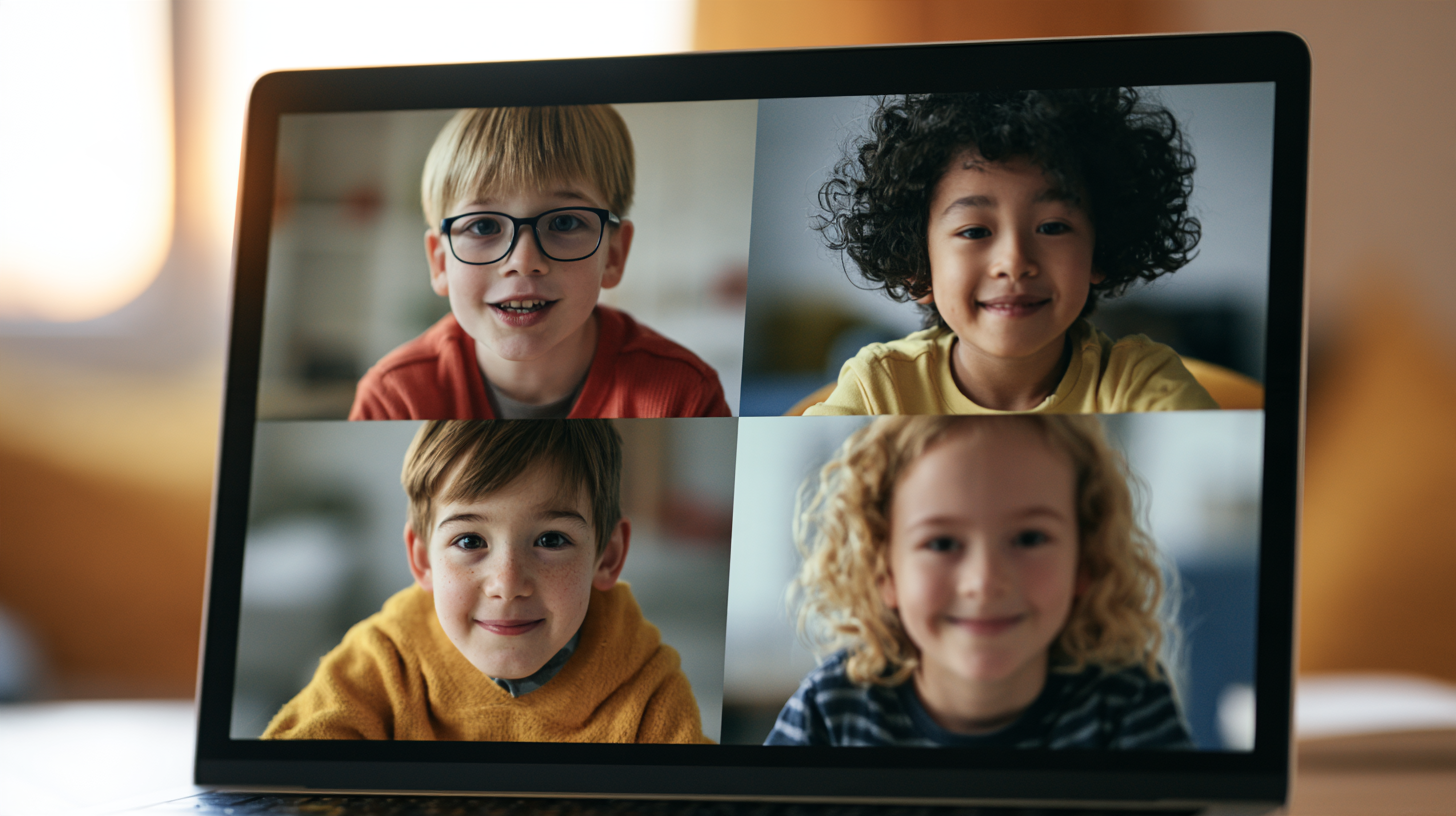 Un grupo de niños participa en una clase de conversación en inglés online.
