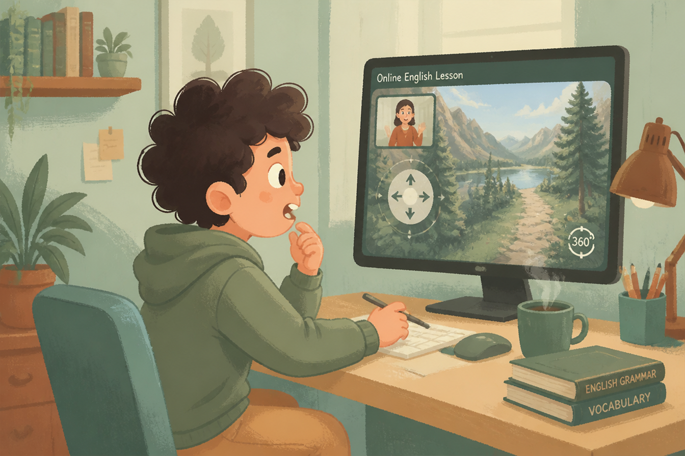 3-Un garçon explore une visite virtuelle en 3D pendant un cours d’anglais en ligne, écran montrant un paysage naturel immersif, expression curieuse et concentrée, style réaliste.