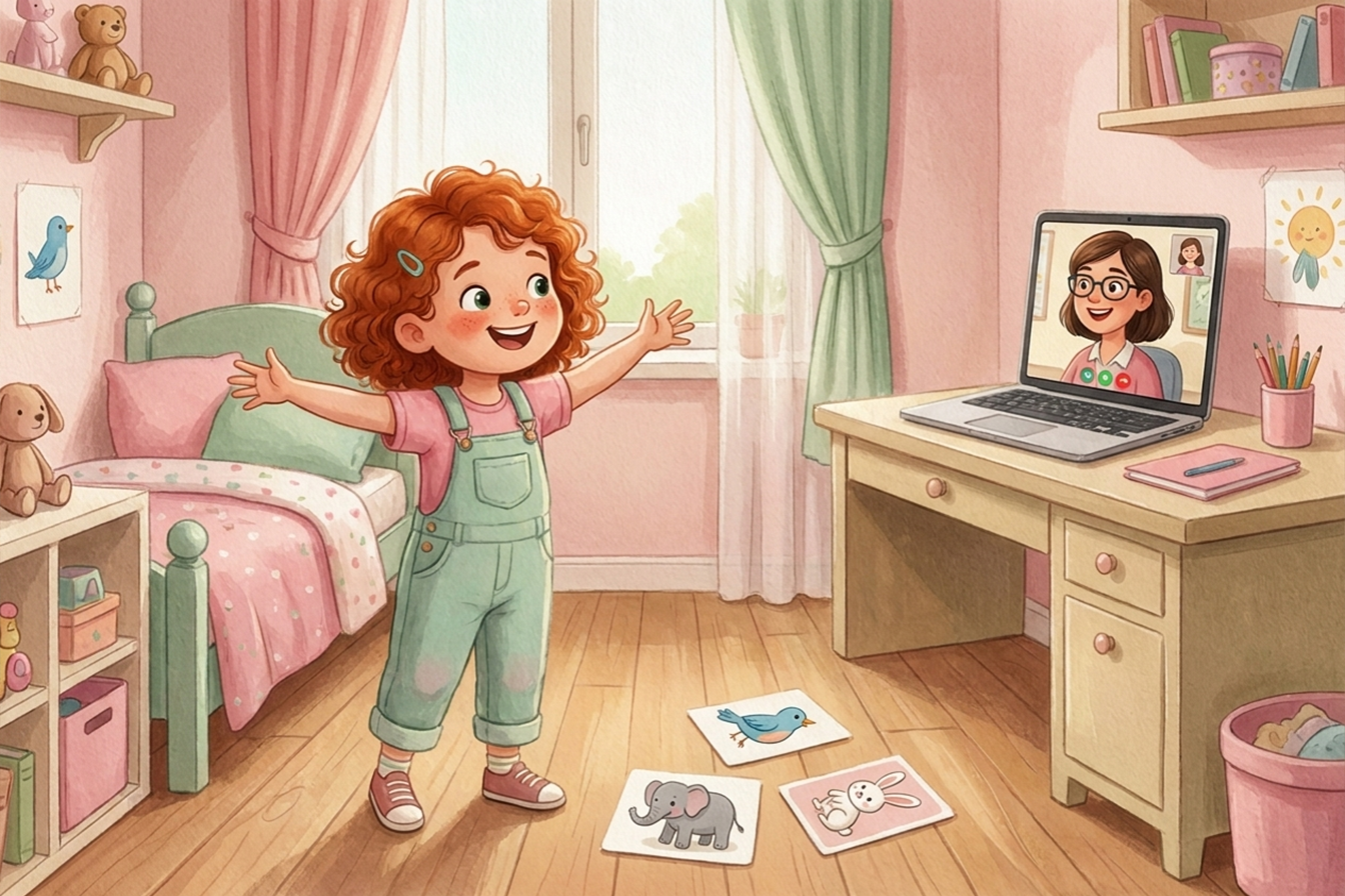 Plan large d’une fille de 6 ans debout dans sa chambre, les bras déployés comme un oiseau, face à sa professeure visible sur un ordinateur. Des cartes représentant un oiseau, un éléphant et un lapin sont posées au sol.