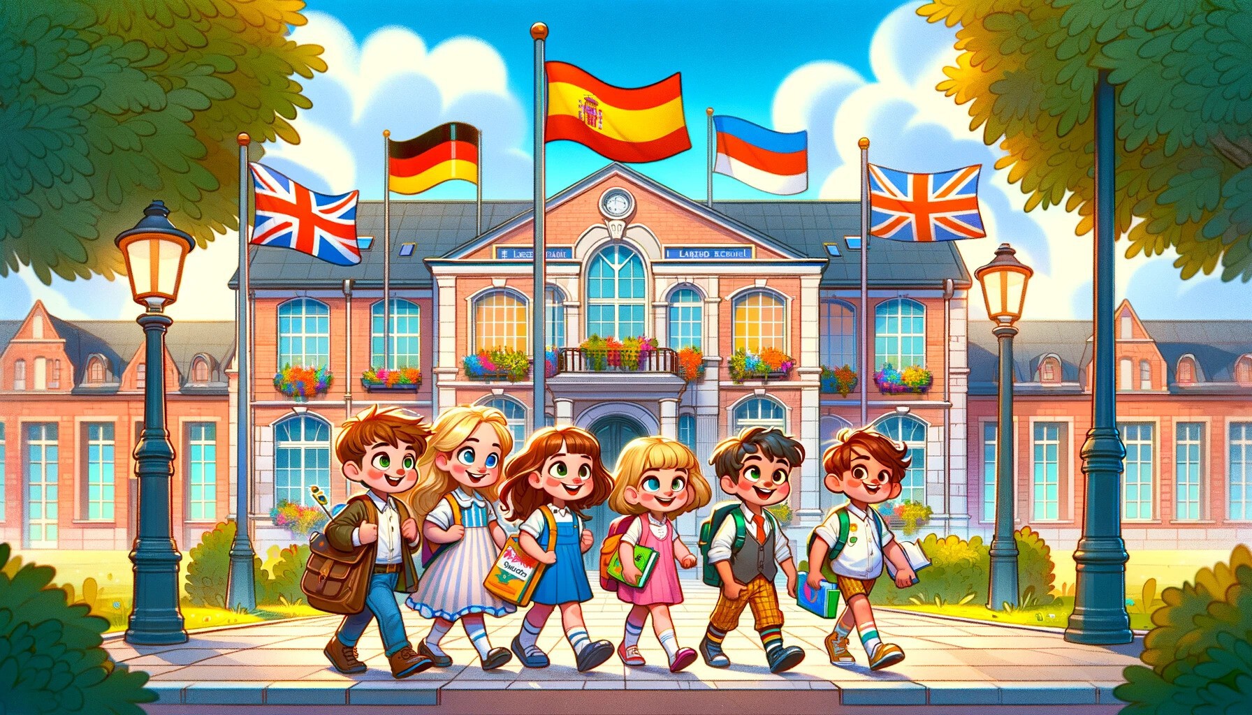 Dzieci chodzą do szkołu językowej -ilustracja