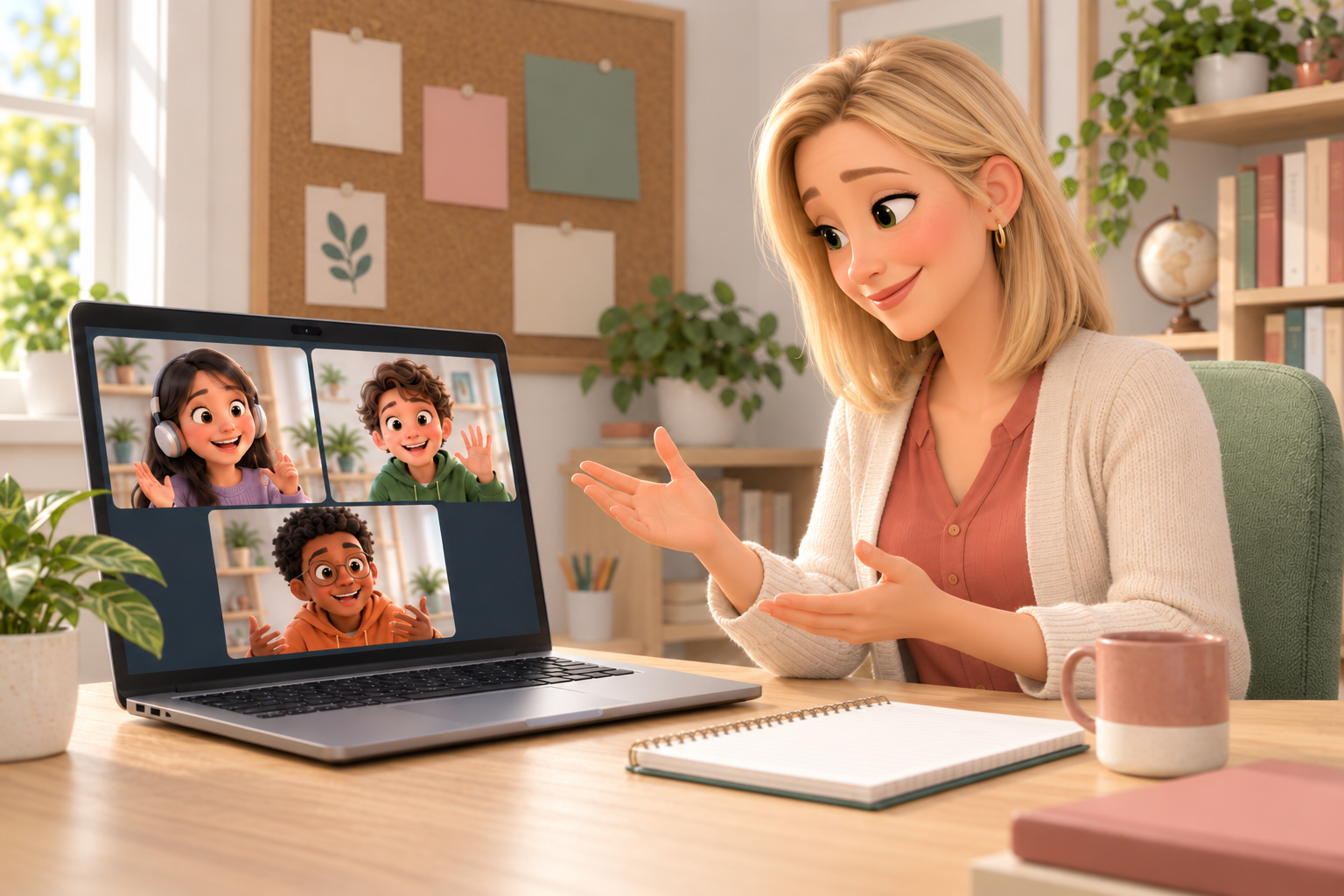 Profesoara de engleză predă unui grup de elevi online